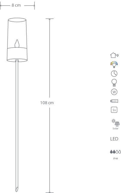 Garden lamp with a height of 108 cm and a diameter of 8 cm. Features: solar-powered, LED light, IP44 protection.