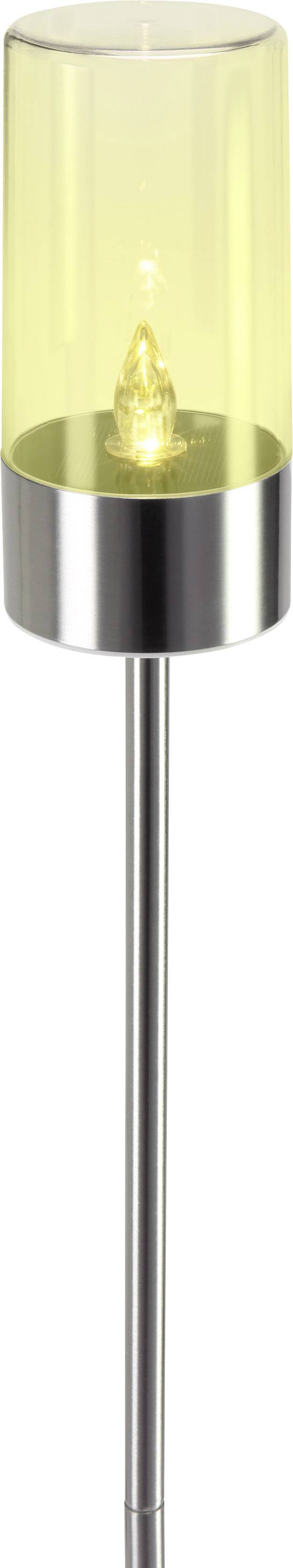 A modern solar lamp with a yellow, cylindrical lampshade and a gleaming metal stem, suitable for outdoor use.