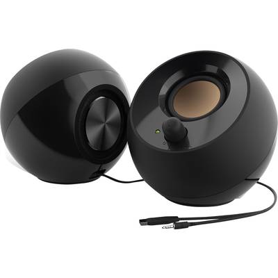 Two black speakers with a rounded design, connected by a cable. One speaker has a rotary knob and an LED indicator.