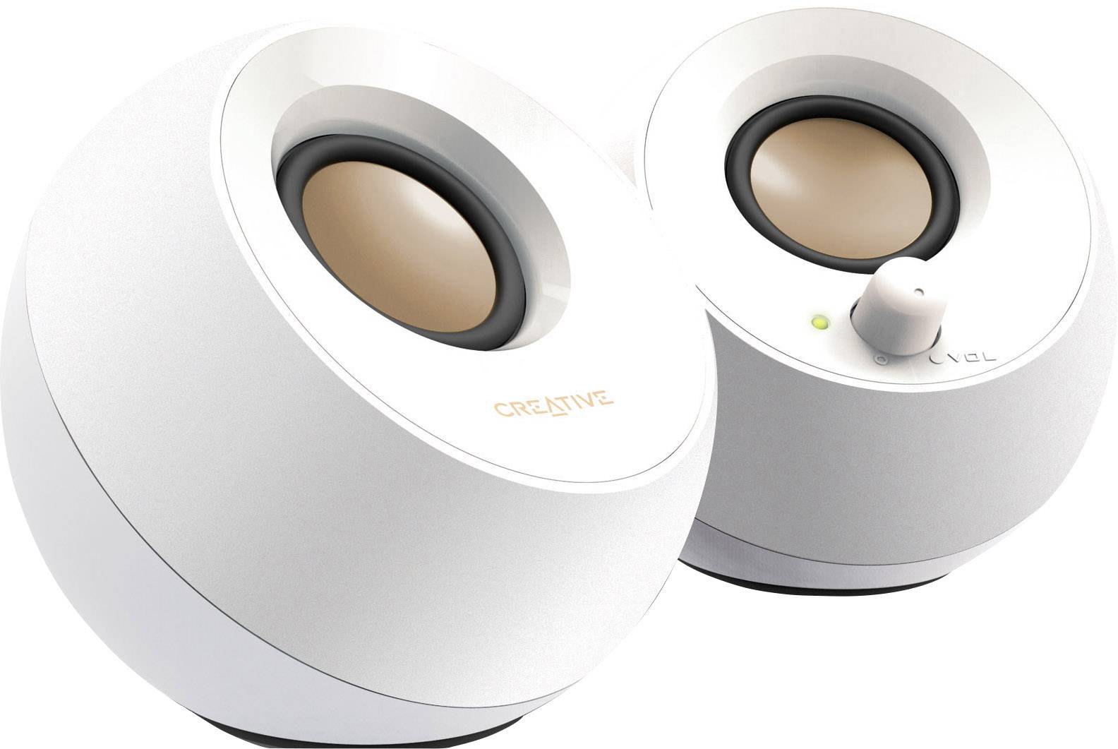White spherical speakers with controls on the right unit.