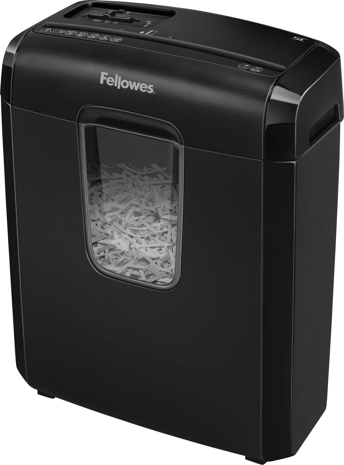 A black paper shredder, half-filled with shredded paper, stands upright. Brand name visible at the top.