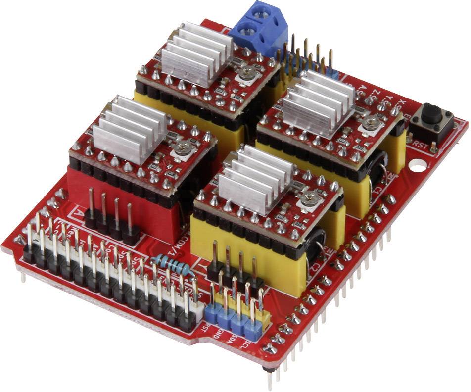 Red electronic circuit board with four heatsinks and numerous pins and connectors, most likely a motor control module.