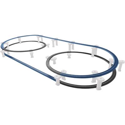 Railway line with two intertwined circles, one in black, the other in blue, on white supports.