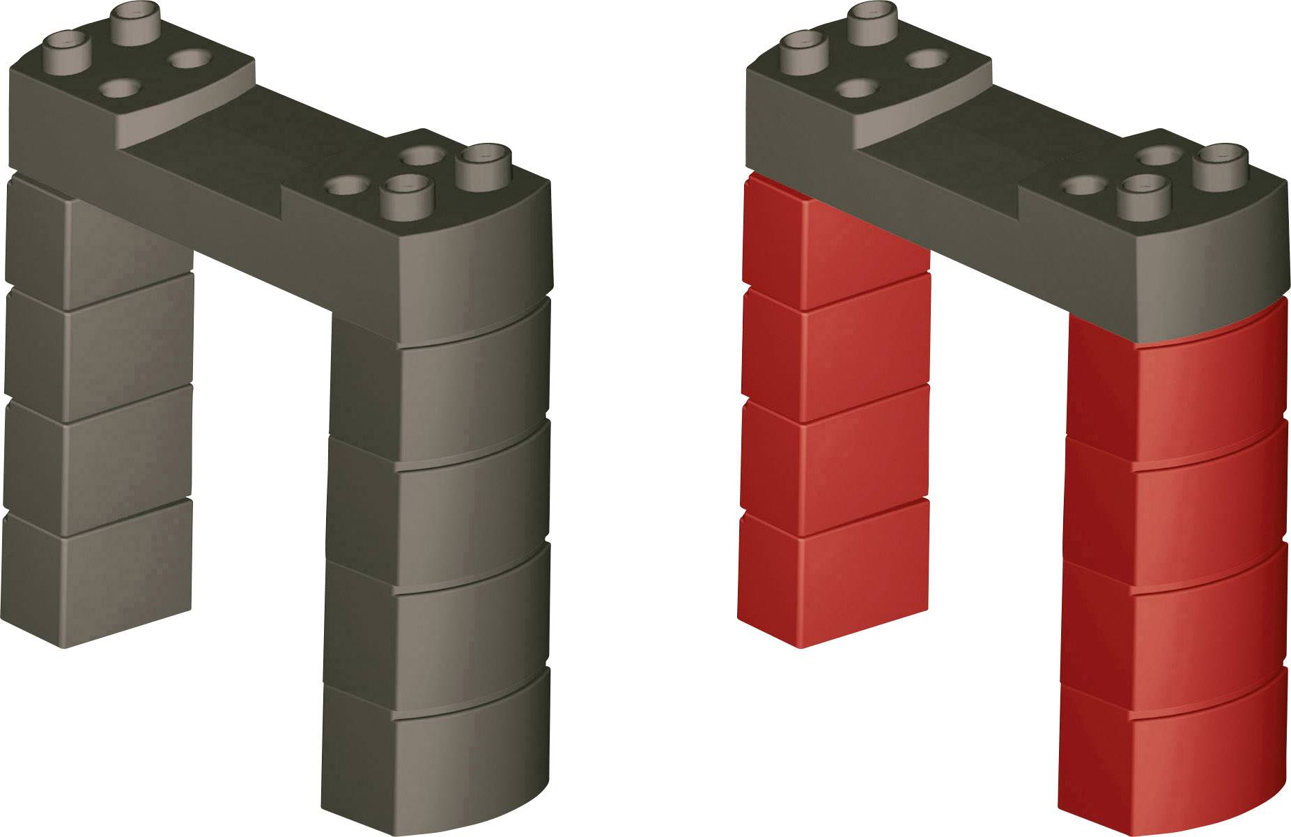 Two simple bridges made of building blocks. On the left, grey stones; on the right, a mix of grey and red stones.