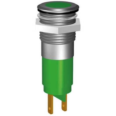 'Green LED indicator light with metal base and two golden connection pins, suitable for panel mounting in electrical devices.'