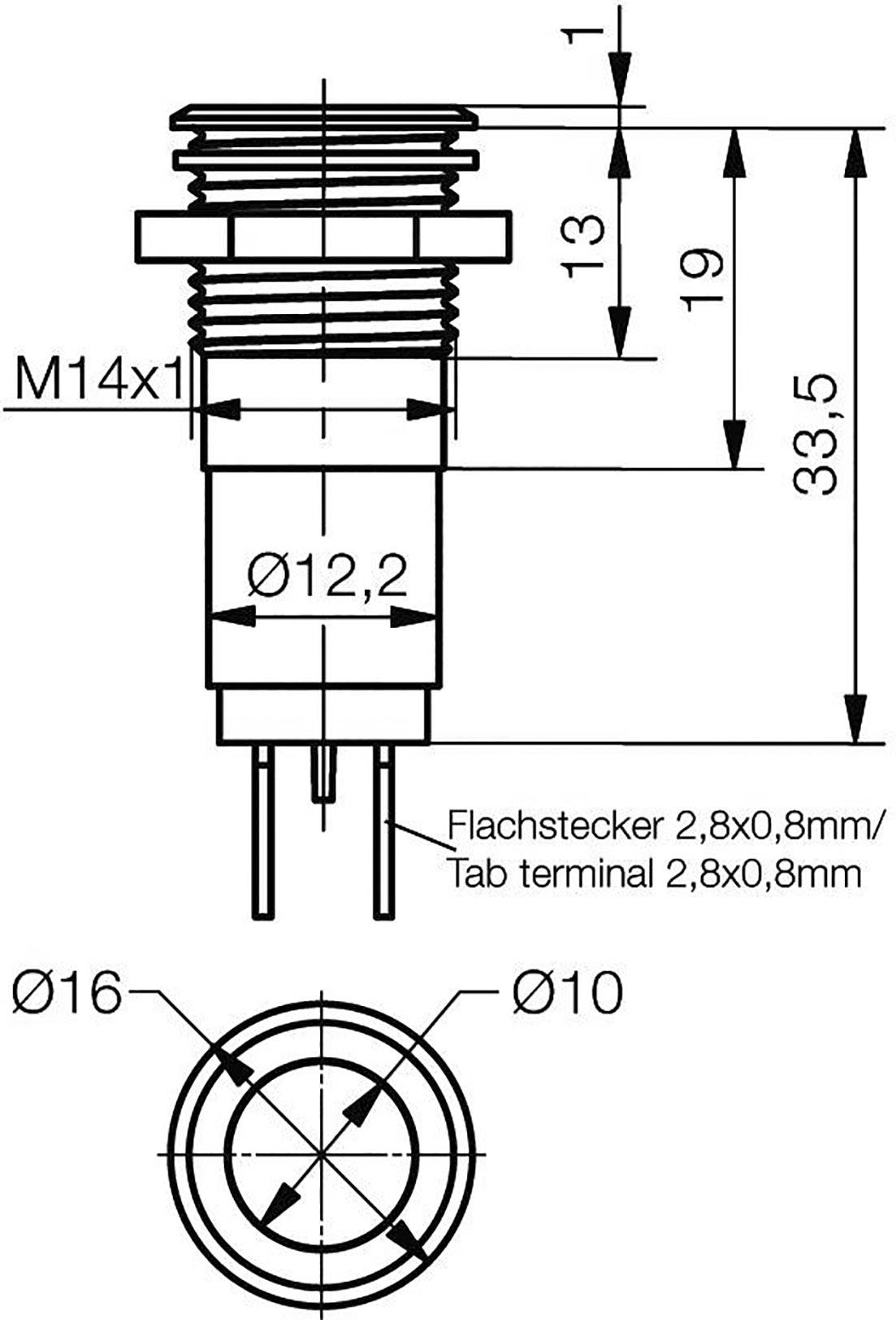 Technical drawing of an electrical connector with dimensions: Total length 33.5 mm, thread diameter M14x1, total width 16 mm.