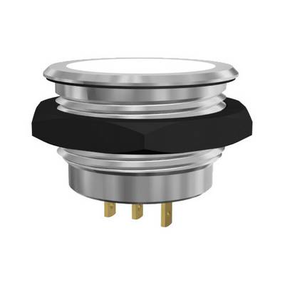 A round, silver metal button with a black plastic cover and three gold-coloured connectors at the bottom end.