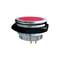 A round, red push button with a silver metal rim and black casing, suitable for electronic devices and control panels.
