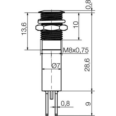 Technical drawing of a cylindrical connector with M8x0.75 thread. Total length 38.6 mm, diameter 7 mm.