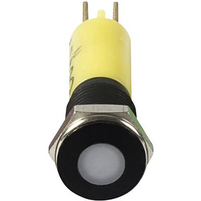 Yellow push button with a black border and metal casing, pictured from the front, with two connecting pins at the top.