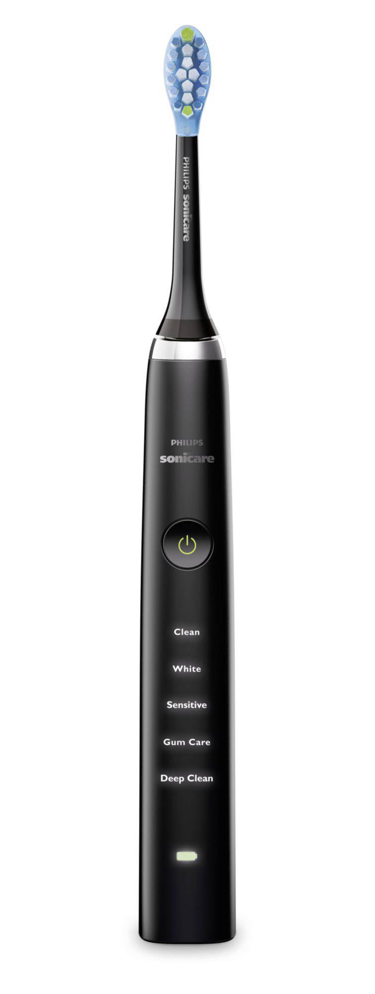 Electric toothbrush in black with a blue brush head. Various brushing modes such as 'Clean', 'White', 'Sensitive' are visible.