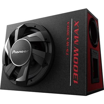 'Pioneer Subwoofer TS-WX300A' with maximum output of 1,300 watts. Black enclosure with red accents and distinctive brand logo.