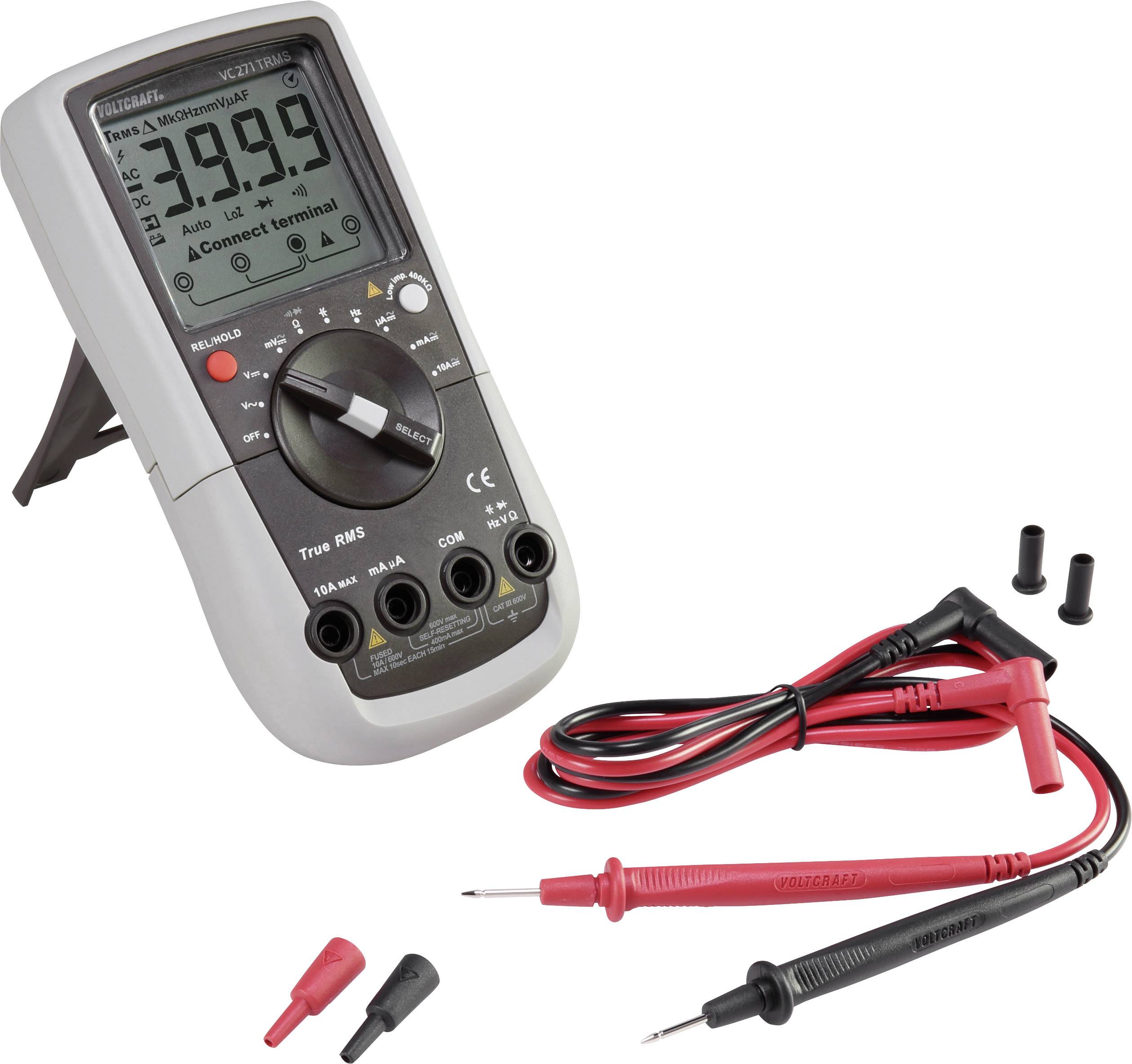 Digital multimeter with display, rotary switch and test leads. Displays '3999'. Ideal for electronic measurements and troubleshooting.
