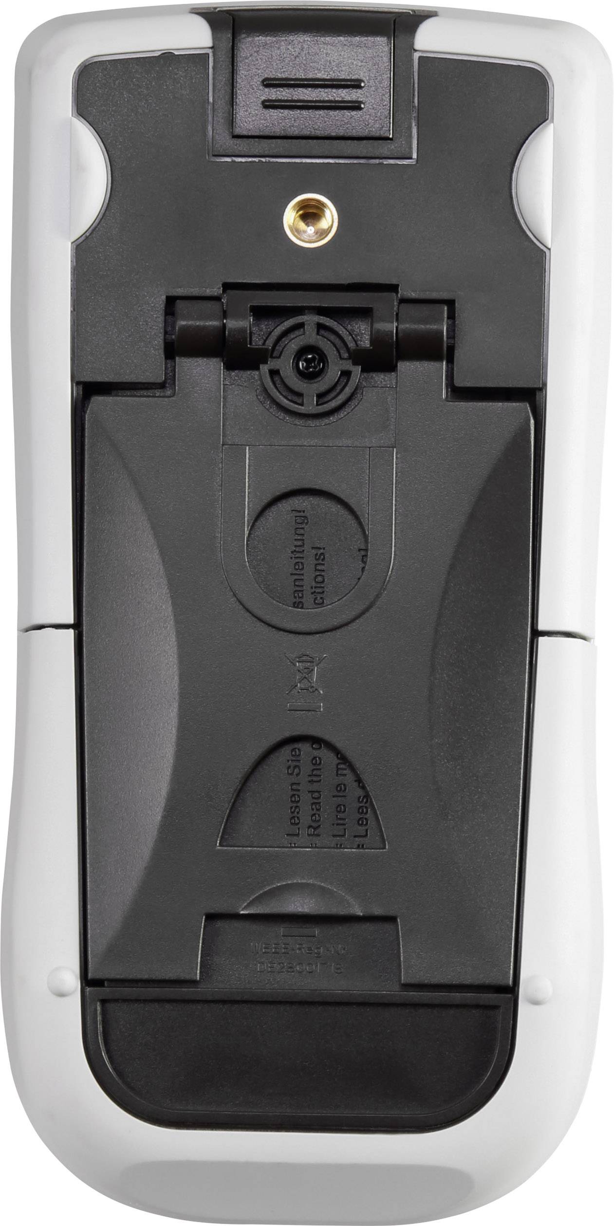 Back of a remote control with the battery compartment open, showing space for batteries and infrared transmitter.
