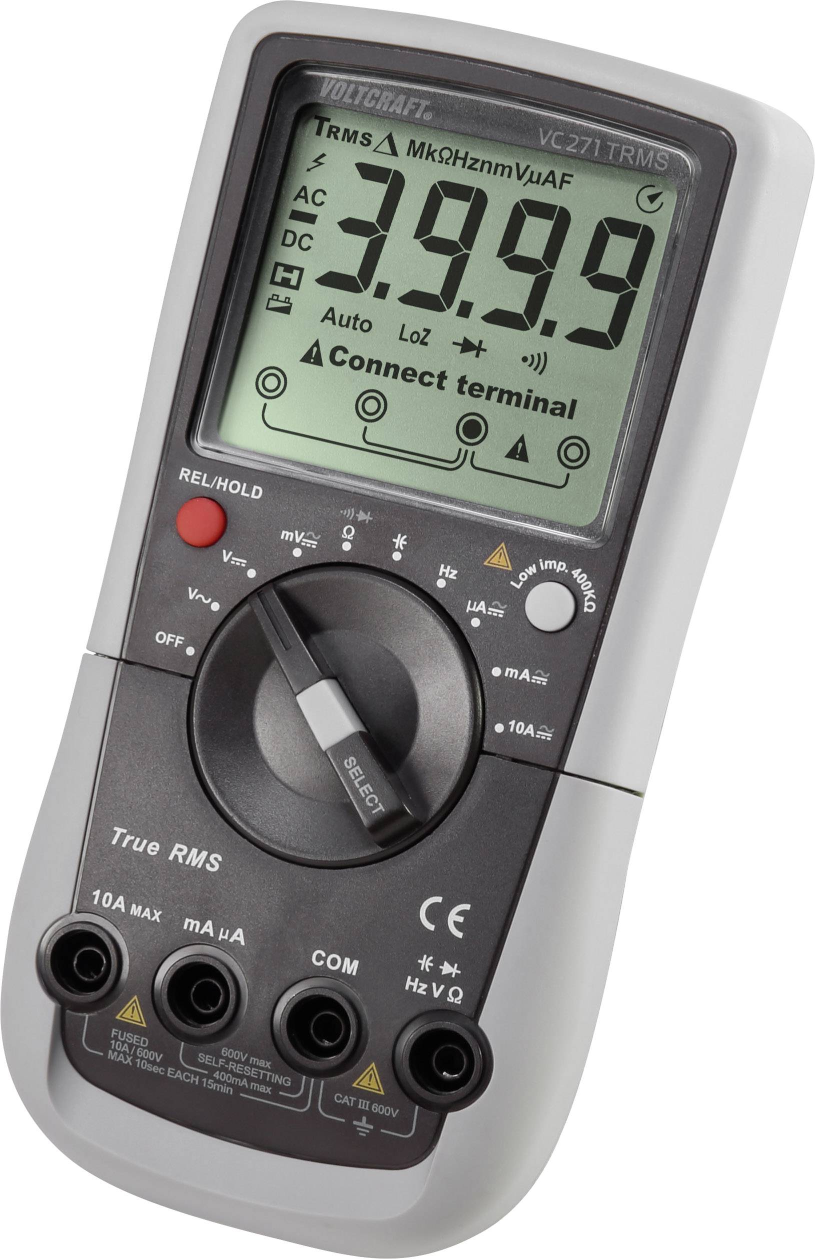 A grey multimeter, model 'Voltcraft VC271'. Display shows '3.99', buttons and switches for measuring voltage, current and resistance.