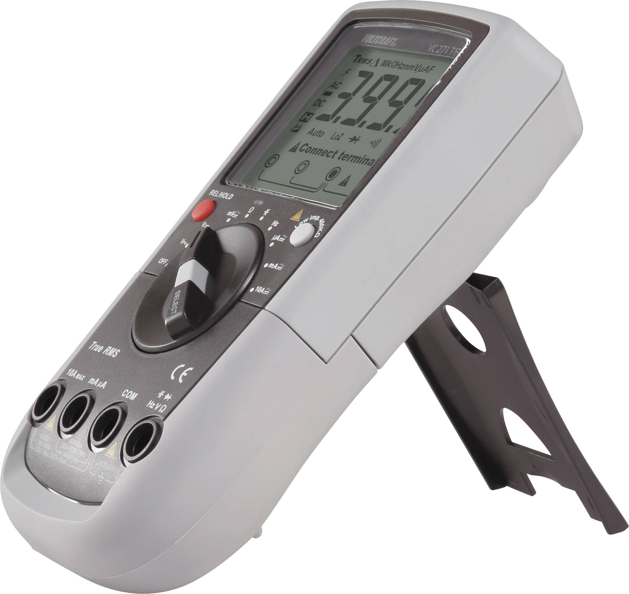 Digital multimeter in an angled view, displaying a reading of 799 on the screen. Large rotary dial for selection, with multiple ports at the bottom.