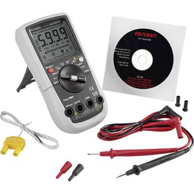 Digital Multimeter Set comprising a multimeter, test leads, crocodile clips, temperature sensor, and software CD. Ideal for voltage and current measurement.