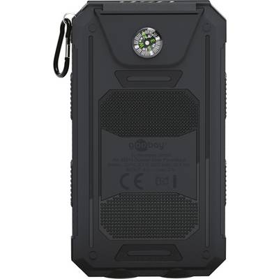Black power bank with built-in compass. Text reads: 'Goobay', 6,000 mAh capacity, with USB output, suitable for outdoor use.