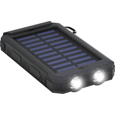 Black, portable solar charger with two illuminated LED lamps on the front and a solar panel on the top surface.