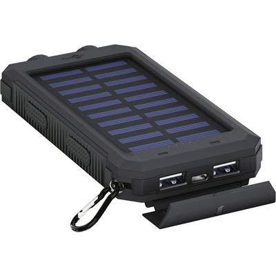 'Black portable solar charger with two USB ports and carabiner hook, ideal for outdoor activities and travelling.'