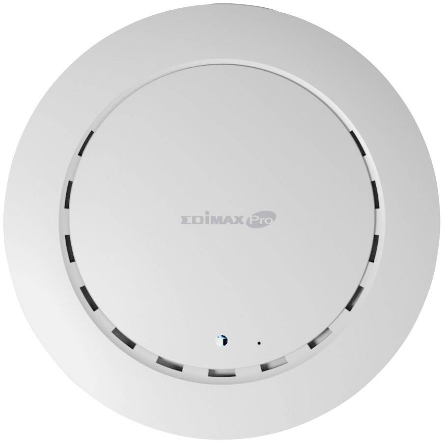 Round, white Wi-Fi access point with ventilation slots and a central LED indicator.