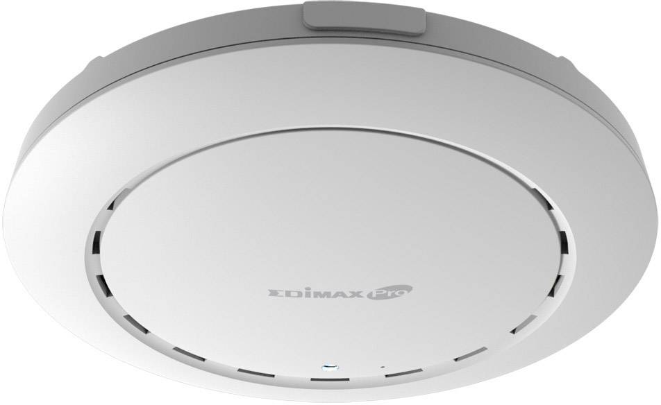 Ceiling-mounted Wi-Fi access point with a round design featuring ventilation slots.