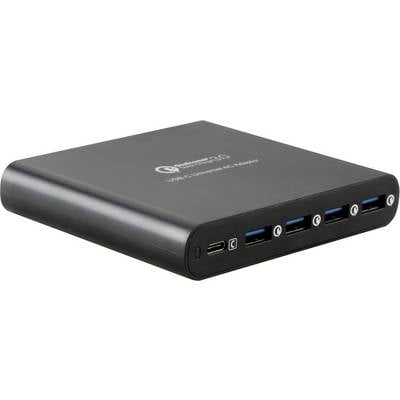 Black USB hub with five ports on the front panel, suitable for various USB types, including USB-C and USB-A.