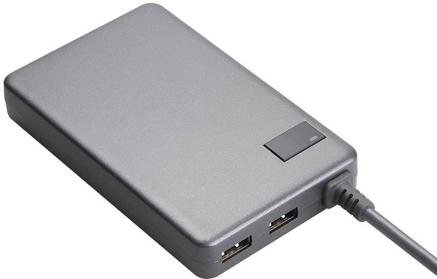External hard drive with two USB ports and power cable. Rectangular, compact design.