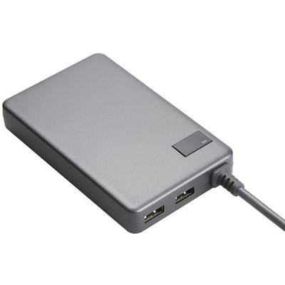 External hard drive with two USB ports and power cable. Rectangular, compact design.