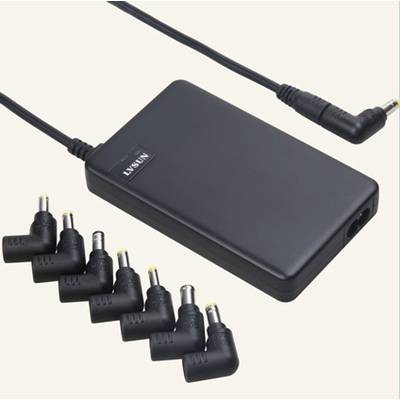 A black charger with eight different connector adapters that can support various electronic devices.