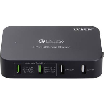 A black 4-port USB fast charger with 'Qualcomm Quick Charge 2.0' logo and automatic switching for various current strengths.