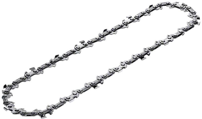 A metal chainsaw chain, laid out in an oval shape, on a white background.