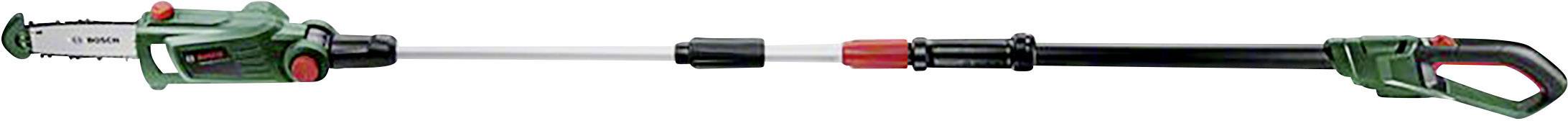 Green electric pruning saw with telescopic handle, suitable for cutting high branches.