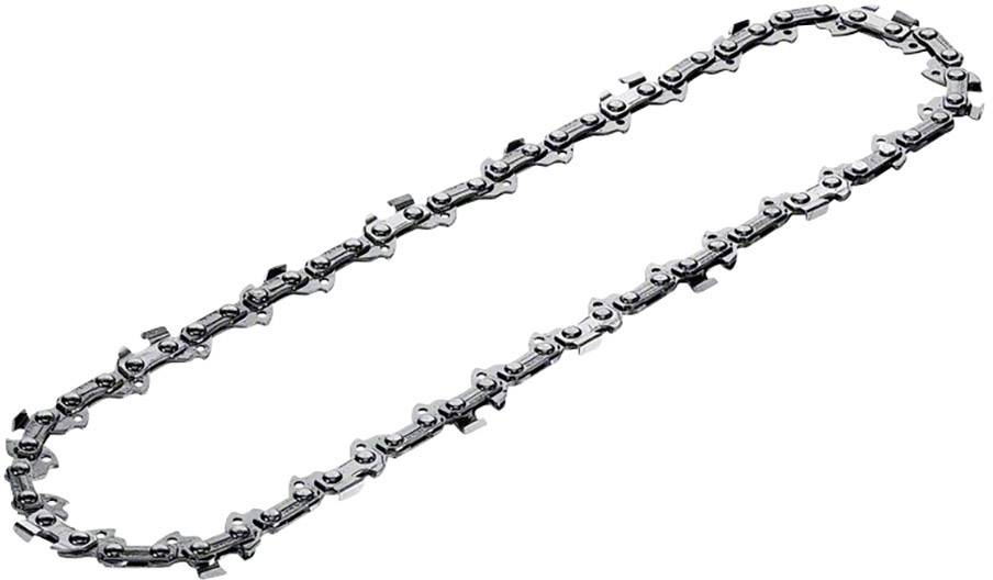 'Metal chainsaw chain, oval-shaped, with sharp cutting teeth, suitable for woodcutting work.'