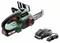 A cordless green Bosch chainsaw with charger. It has ergonomic handles and a compact design, suitable for garden work.
