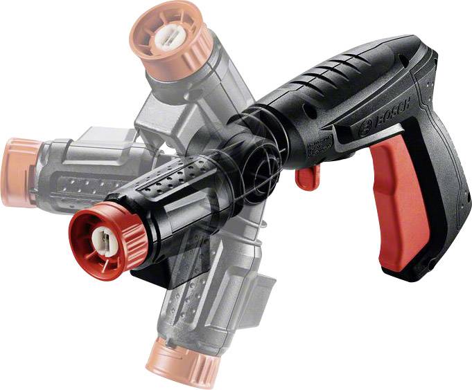 Rotating high-pressure spray gun handle with red trigger and black grip, demonstrating manoeuvrability. Tool for cleaning or car washing.