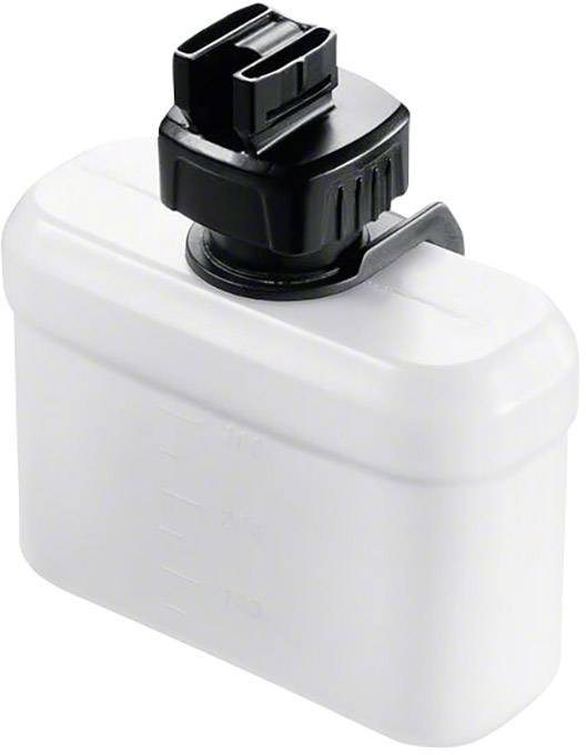 White plastic bottle with a black sealed lid. The bottle has markings on the side for volume measurement.