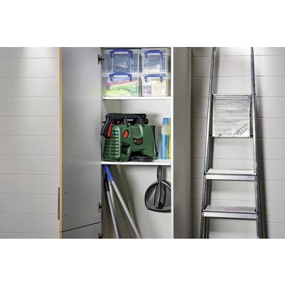 An open cupboard reveals cleaning equipment such as a broom, dustpan, cleaning products and storage boxes. A ladder stands beside it.