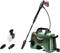 Electric high-pressure washer in green and black with attached spray gun, three nozzle attachments and a cleaning solution tank.