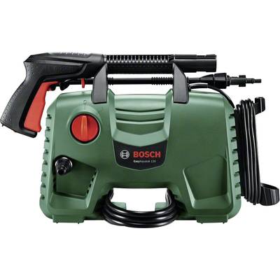 Portable high-pressure washer with a green casing and red switch. Black handle with red trigger. Brand: Bosch.