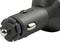 Black car charging adapter plugged into a vehicle's cigarette lighter socket, with silver contact details.