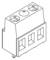 A three-pole, vertical terminal block in an isometric view, with circular openings for cable connections at the top.