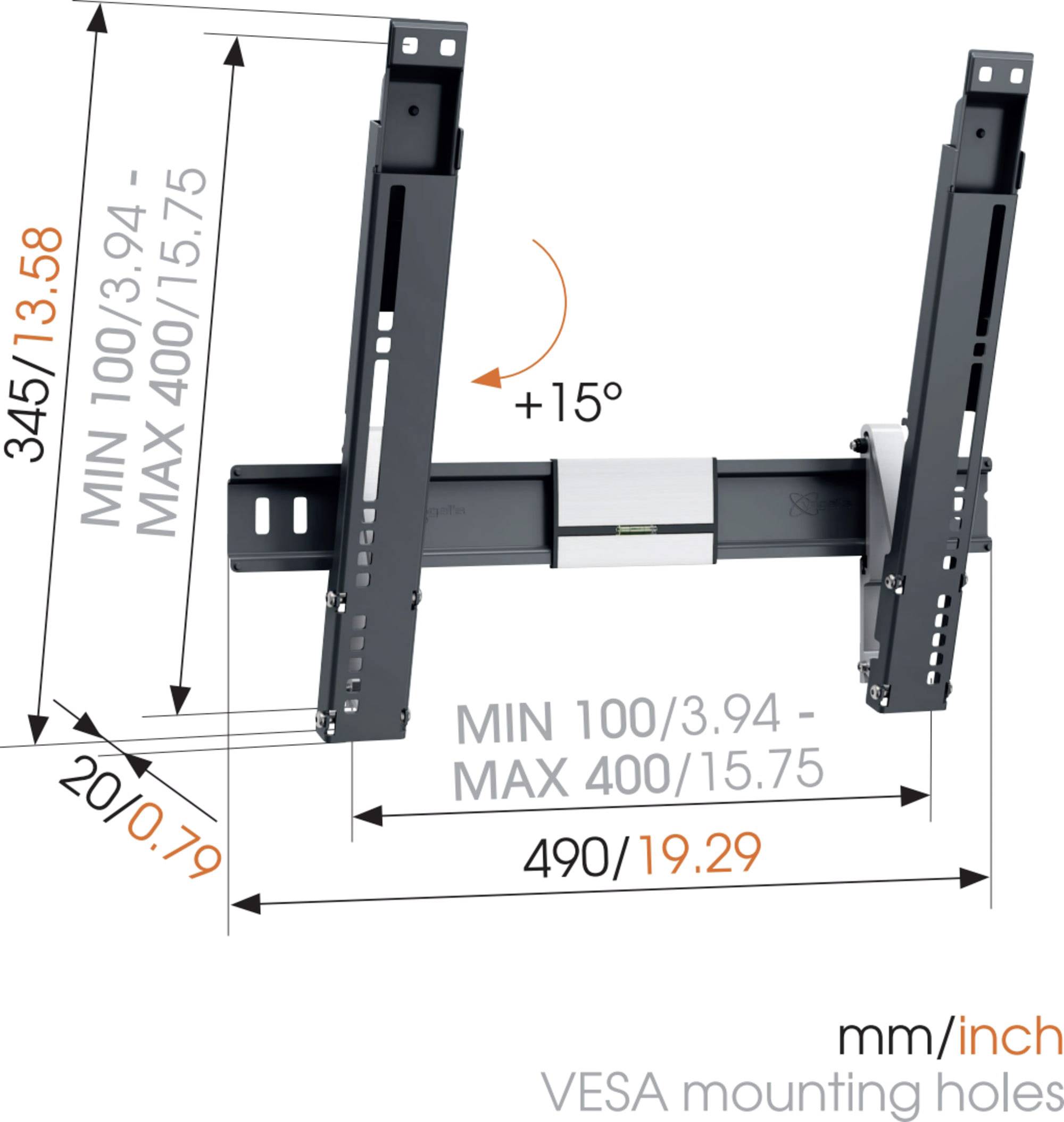 TV Wall Mount, Tilting. Dimensions: Width 490 mm, Height 345 mm. VESA Mounting Holes: Minimum 100 mm, Maximum 400 mm.