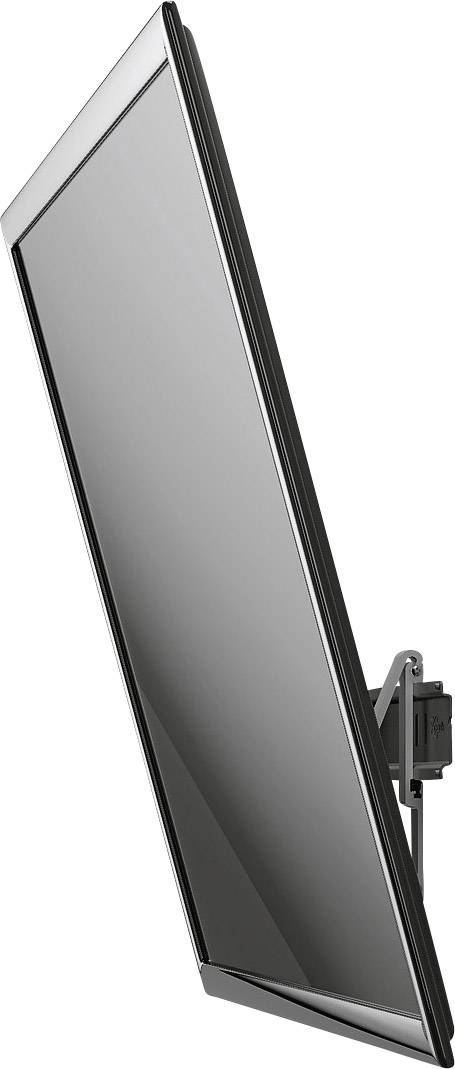 Black rectangular flat screen, tilted sideways, mounted on a bracket.