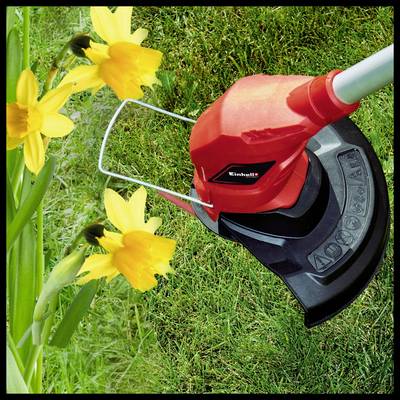 Red lawn trimmer cutting grass next to yellow daffodil blooms. Device shows brand 'Einhell'. Clear sky and green lawn in the background.