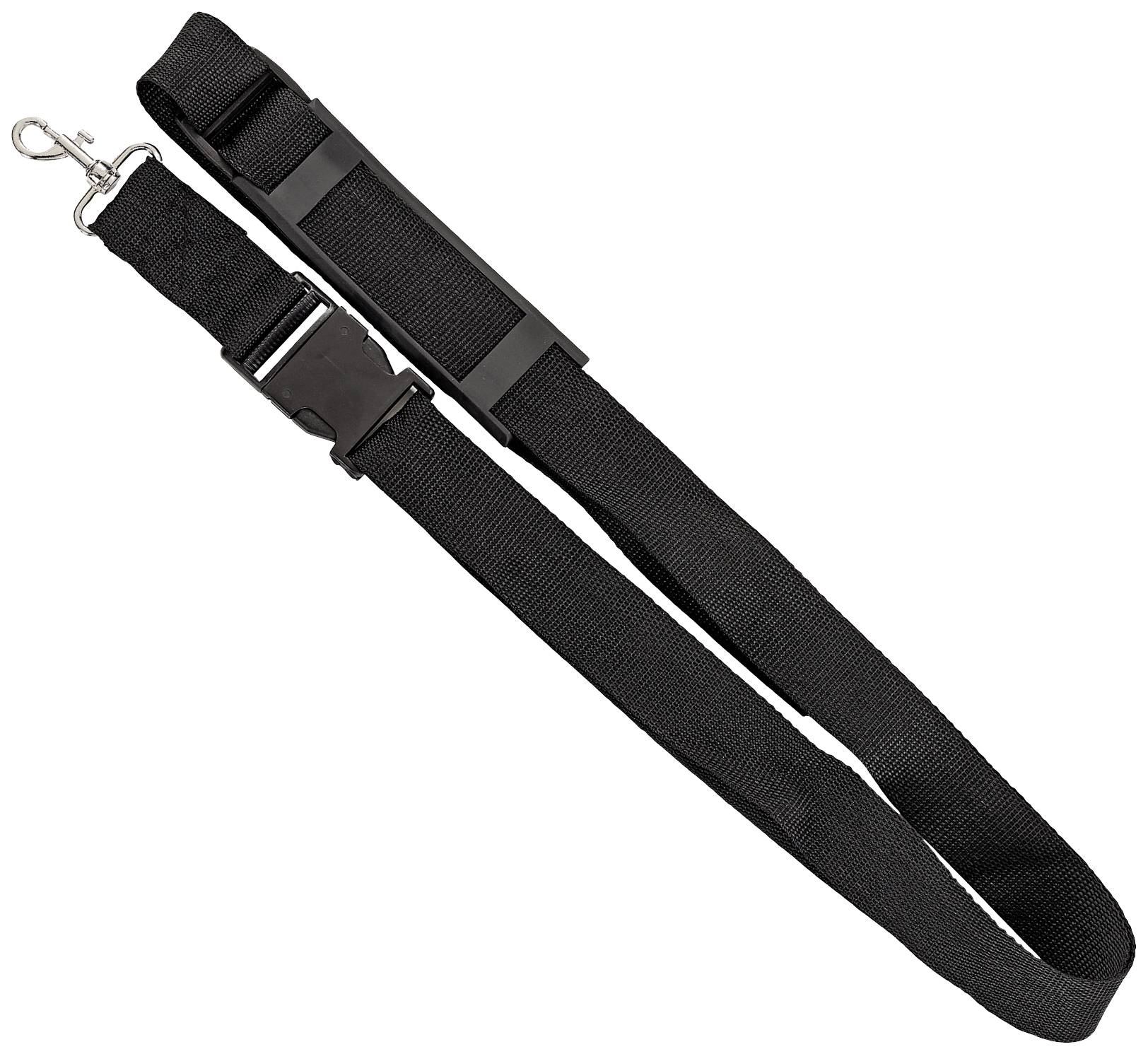 Black safety belt with a snap fastener and clip, for fastening in a car.