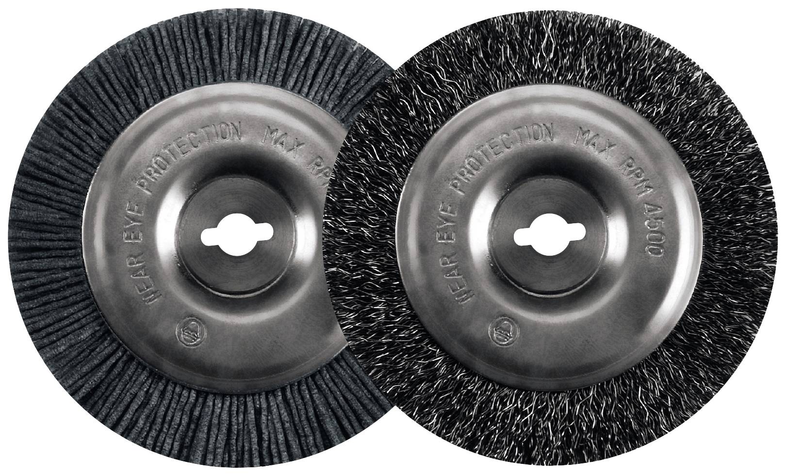 Two wire brush attachments with different densities and bristle structures, suitable for surface cleaning and processing.