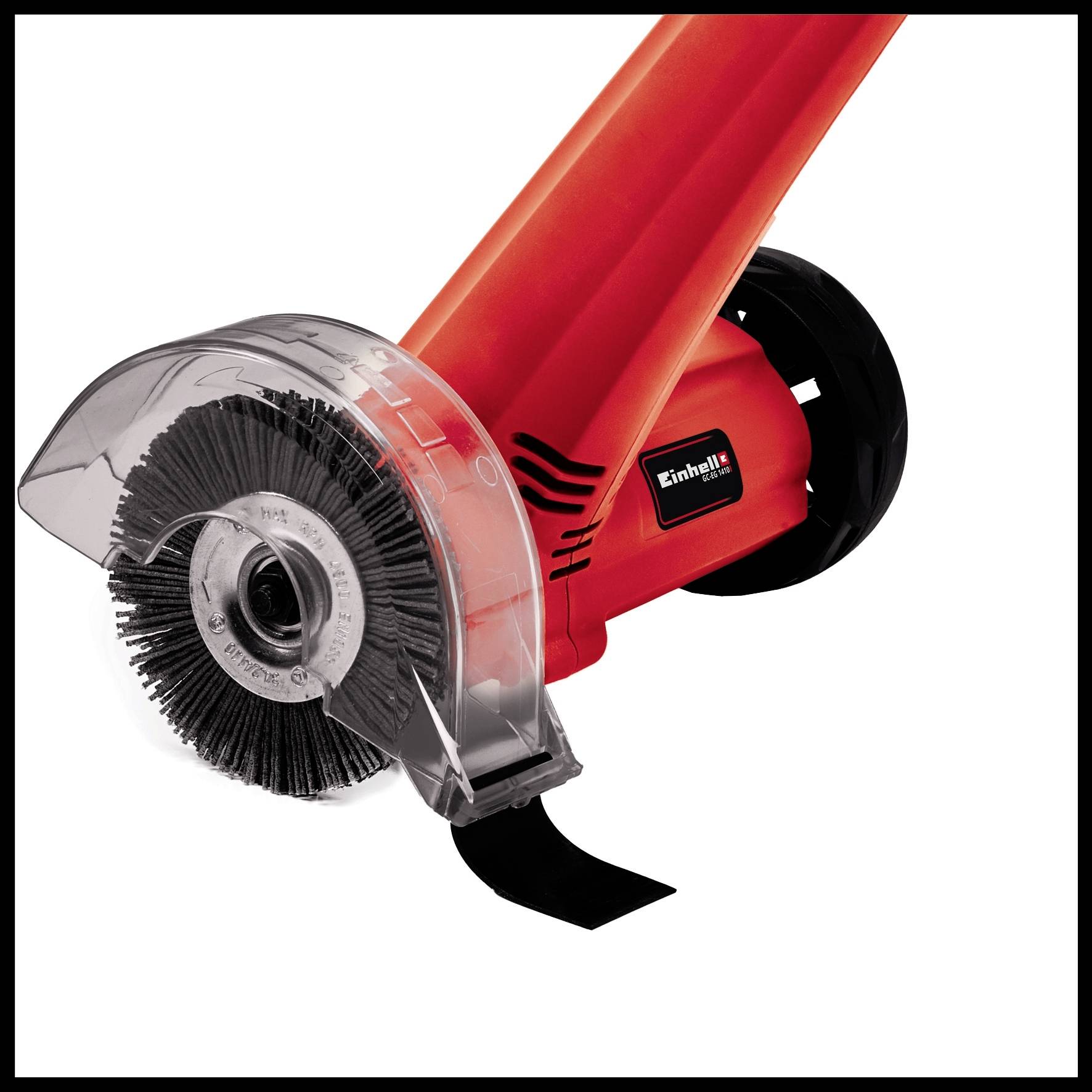 A red electric tool with a rotating wire brush, suitable for grinding or removing rust and paint from surfaces.