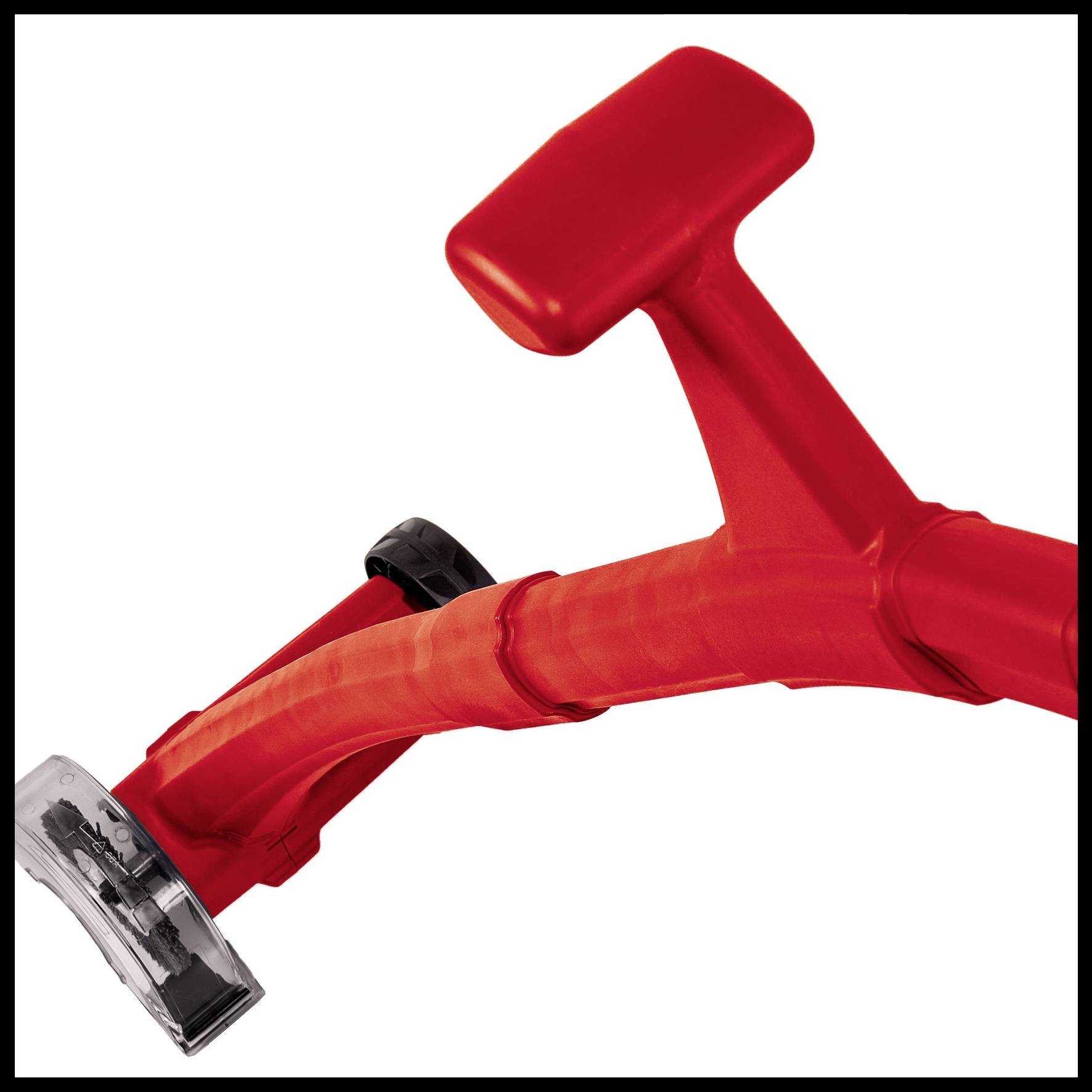 Red tricycle with black wheels on a white background. Only part of the handlebars and front wheel are visible in the image.