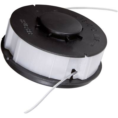 In the picture, a black and white spool of line for a lawn trimmer can be seen. It has two protruding threads.